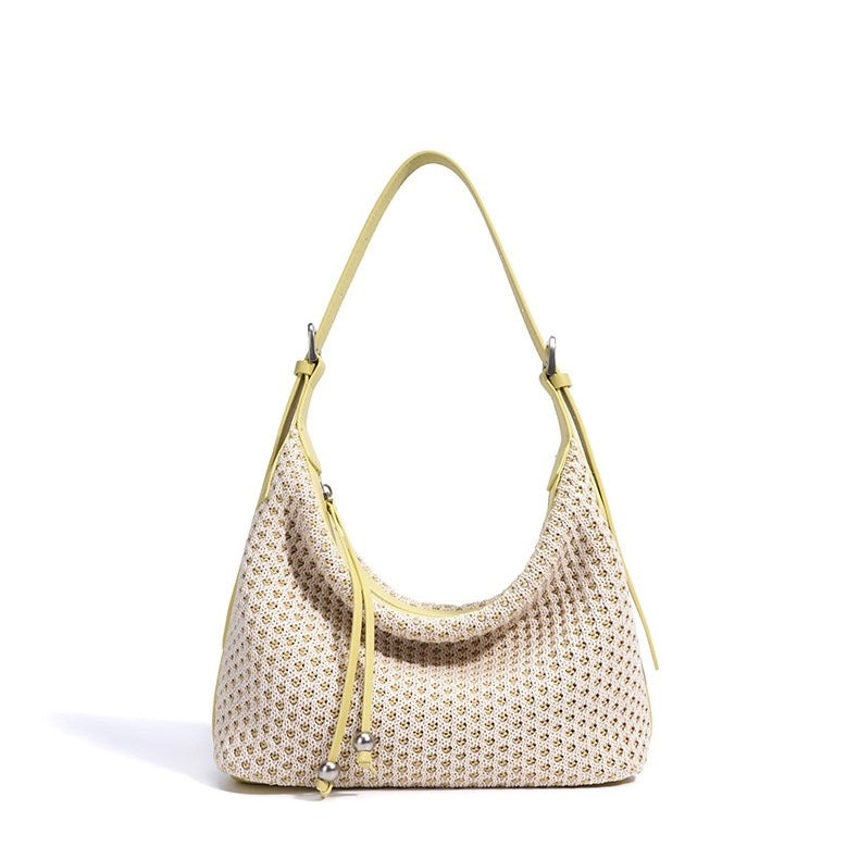 Women's Genuine Leather Woven Straw Dumpling Shoulder Bag