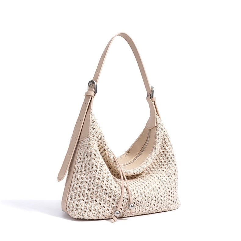 Women's Genuine Leather Woven Straw Dumpling Shoulder Bag
