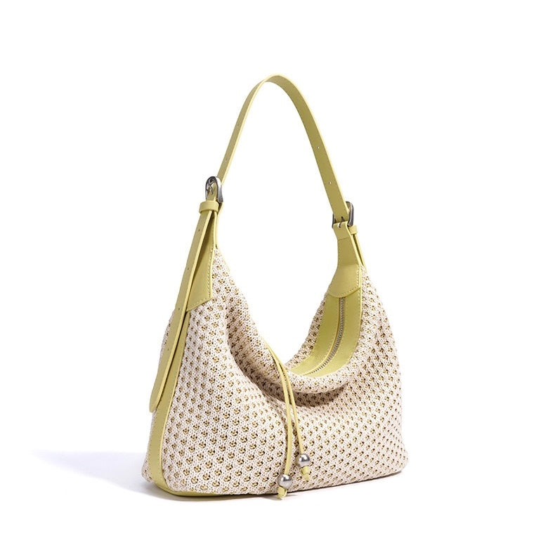 Women's Genuine Leather Woven Straw Dumpling Shoulder Bag