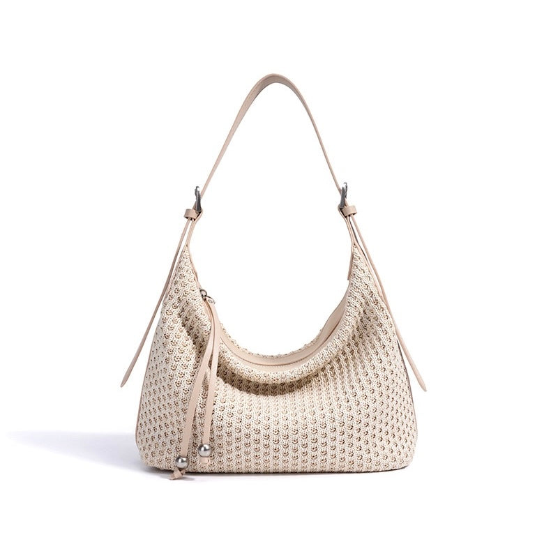 Women's Genuine Leather Woven Straw Dumpling Shoulder Bag