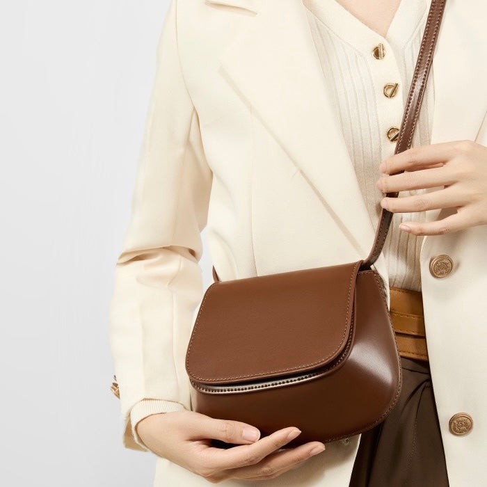 Women's Genuine Leather Saddle Crossbody Bag with Magnetic Closure