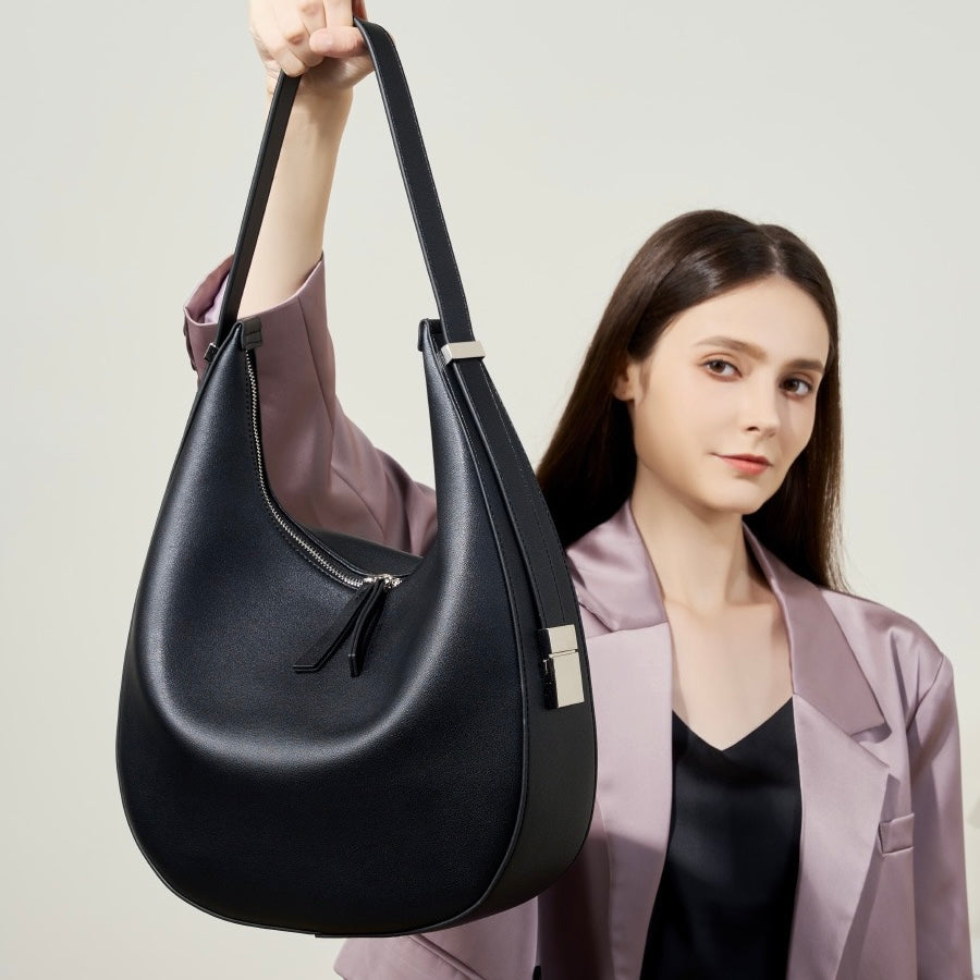 Women's Genuine Leather Crescent Underarm Shoulder Bag with Zipper Closure