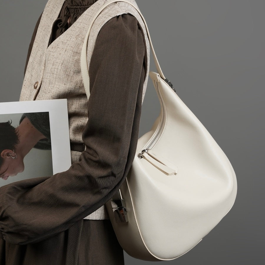 Women's Genuine Leather Crescent Underarm Shoulder Bag with Zipper Closure