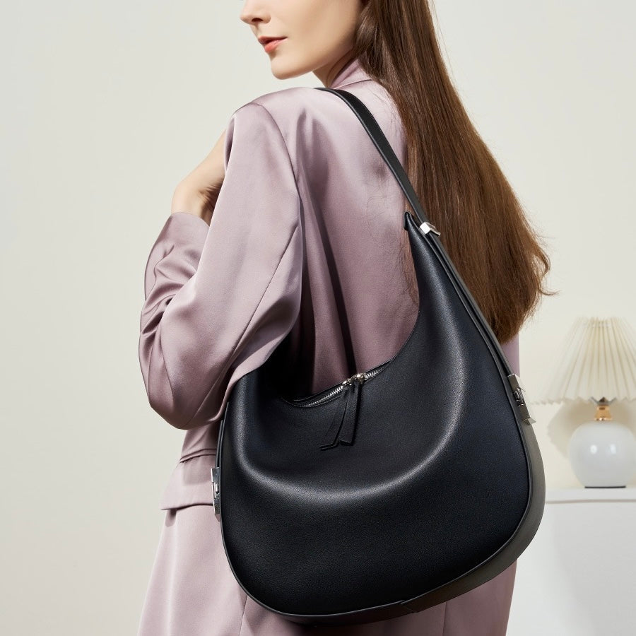 Women's Genuine Leather Crescent Underarm Shoulder Bag with Zipper Closure