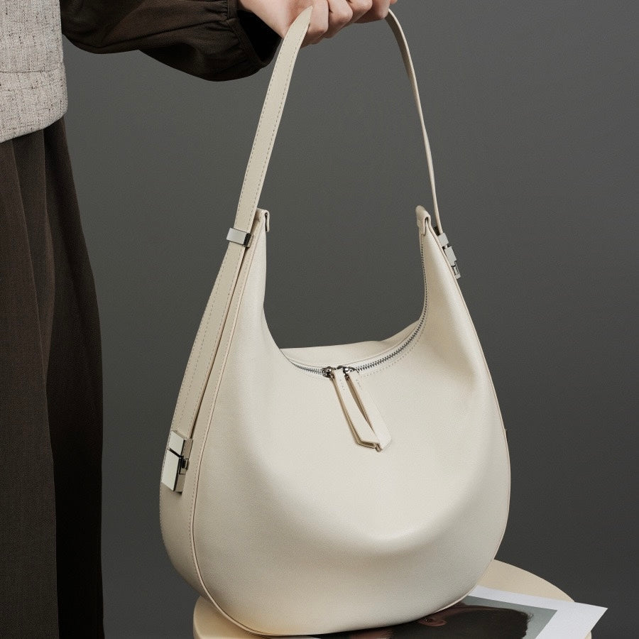 Women's Genuine Leather Crescent Underarm Shoulder Bag with Zipper Closure