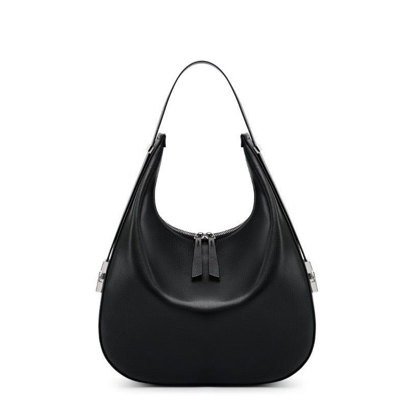 Women's Genuine Leather Crescent Underarm Shoulder Bag with Zipper Closure