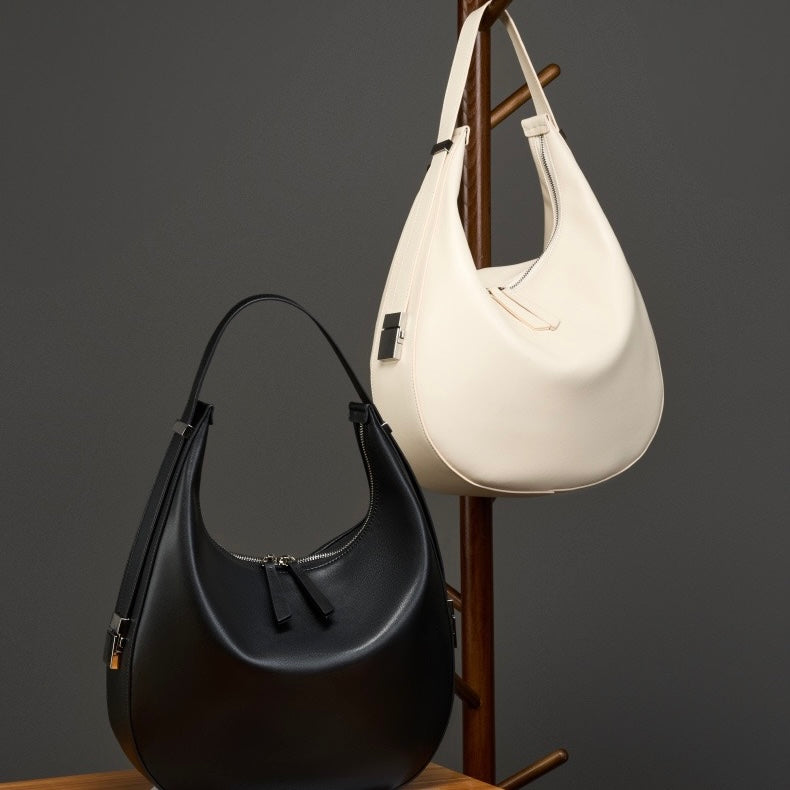 Women's Genuine Leather Crescent Underarm Shoulder Bag with Zipper Closure
