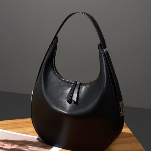 Women's Genuine Leather Crescent Underarm Shoulder Bag with Zipper Closure