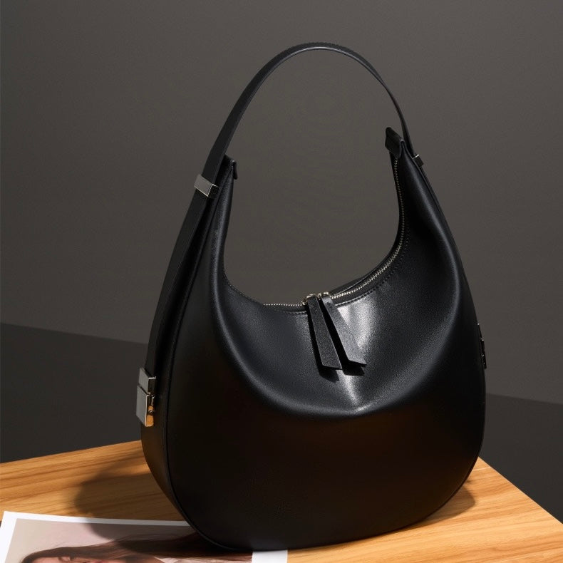 Women's Genuine Leather Crescent Underarm Shoulder Bag with Zipper Closure