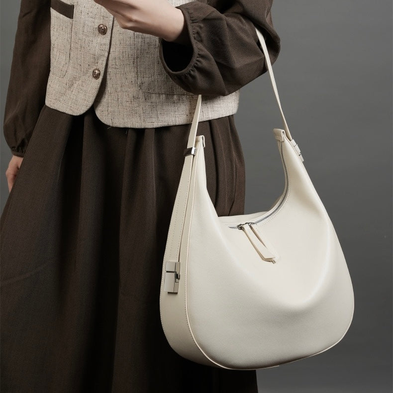 Women's Genuine Leather Crescent Underarm Shoulder Bag with Zipper Closure