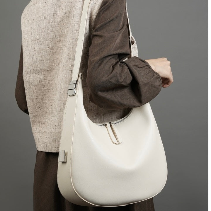 Women's Genuine Leather Crescent Underarm Shoulder Bag with Zipper Closure