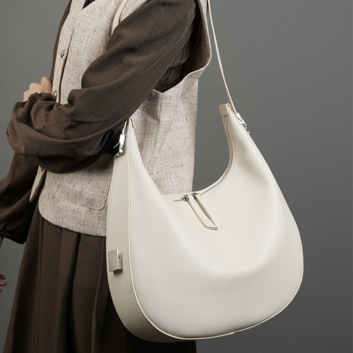 Women's Genuine Leather Crescent Underarm Shoulder Bag with Zipper Closure
