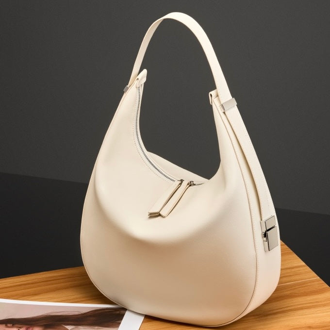 Women's Genuine Leather Crescent Underarm Shoulder Bag with Zipper Closure