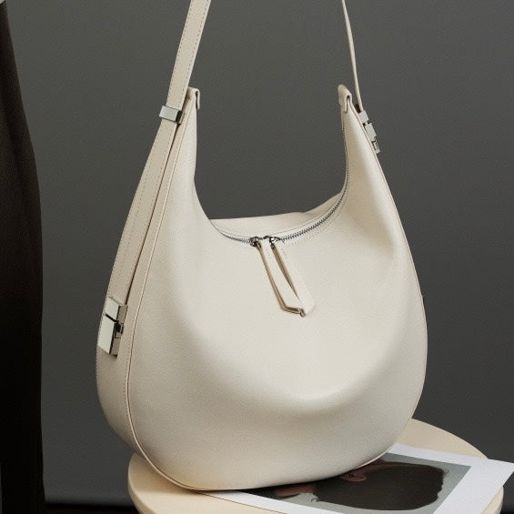 Women's Genuine Leather Crescent Underarm Shoulder Bag with Zipper Closure