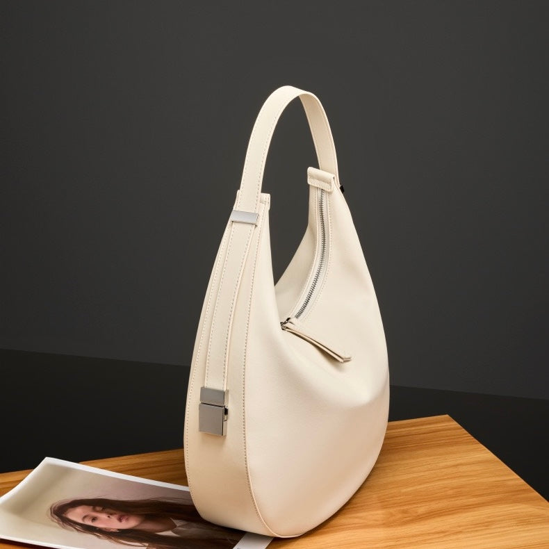 Women's Genuine Leather Crescent Underarm Shoulder Bag with Zipper Closure