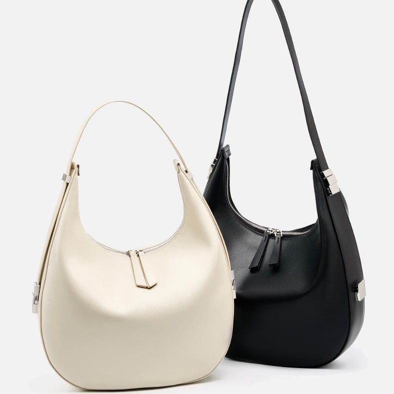 Women's Genuine Leather Crescent Underarm Shoulder Bag with Zipper Closure