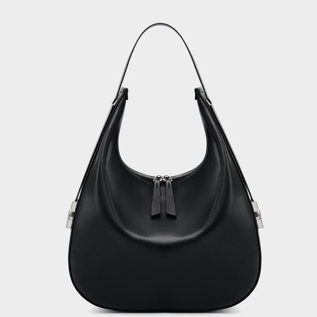 Women's Genuine Leather Crescent Underarm Shoulder Bag with Zipper Closure