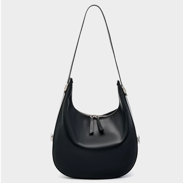 Women's Genuine Leather Crescent Underarm Shoulder Bag with Zipper Closure