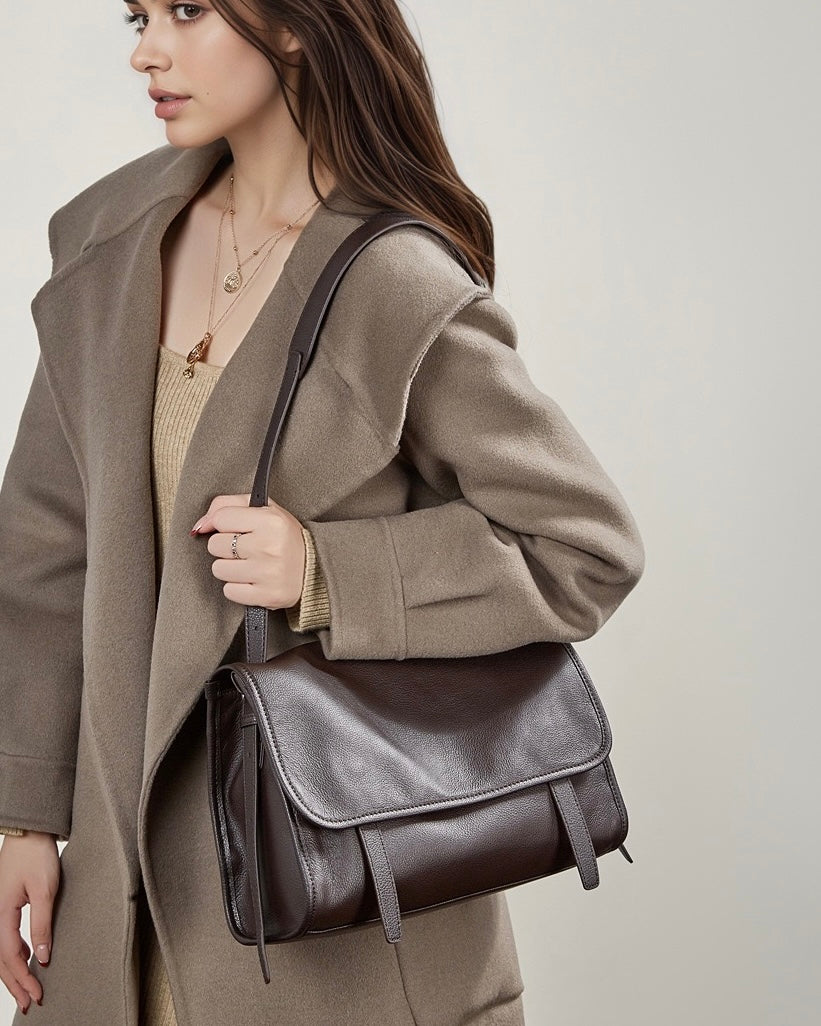 Women's Full-Grain Cowhide Flap Satchel with Dual Carry