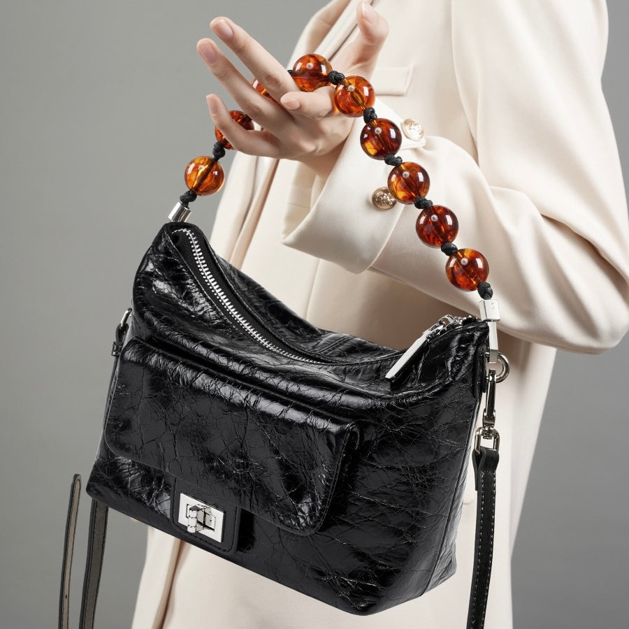 Women's Genuine Leather Pleated Chain Crossbody Bag with Shoulder Strap