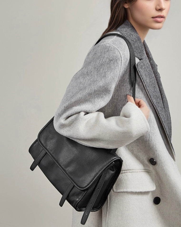 Women's Full-Grain Cowhide Flap Satchel with Dual Carry