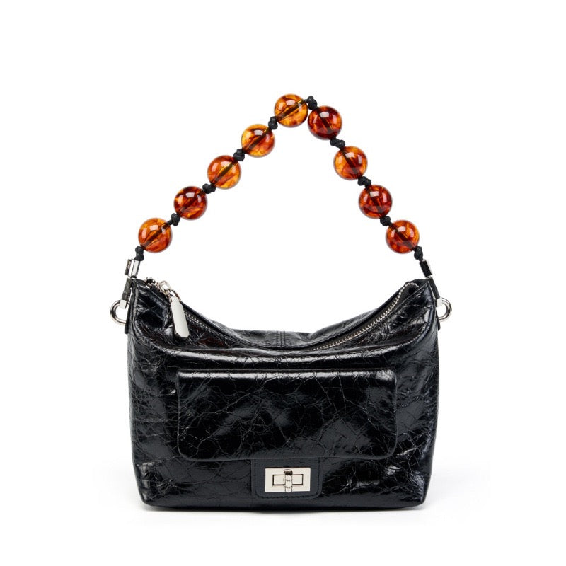 Women's Genuine Leather Pleated Chain Crossbody Bag with Shoulder Strap