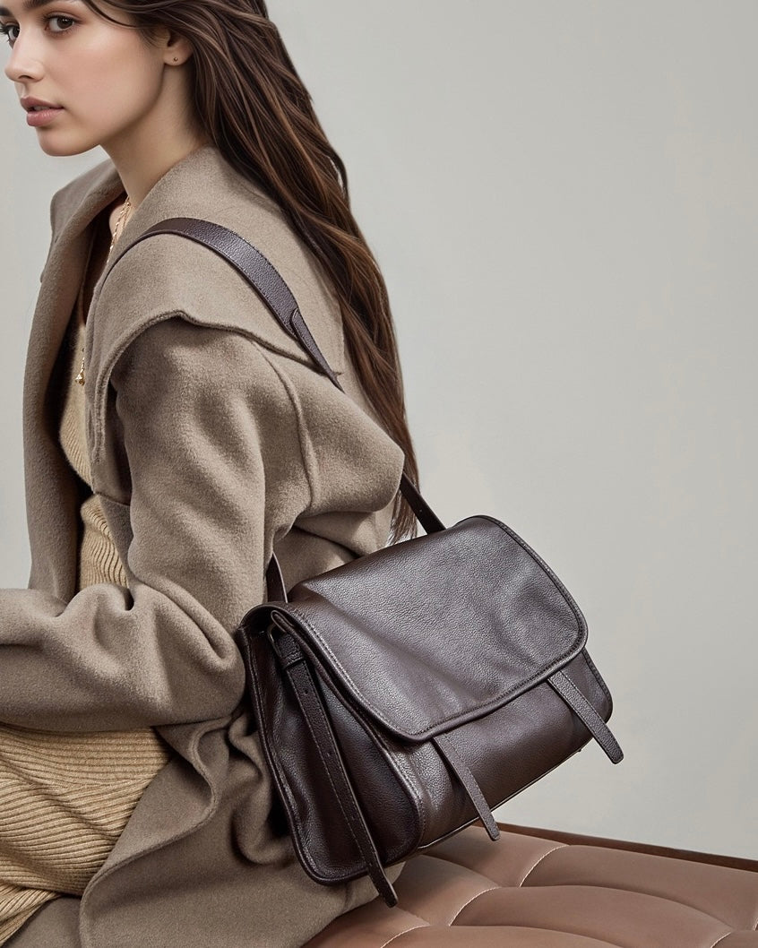 Women's Full-Grain Cowhide Flap Satchel with Dual Carry