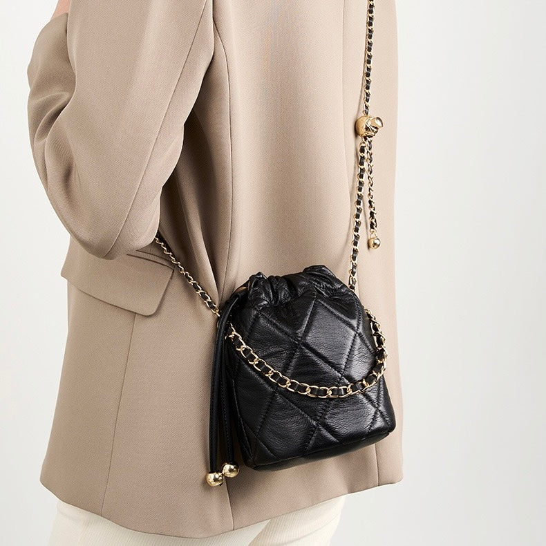 Women's Genuine Leather Bucket Bag with Chain Strap and Drawstring Closure