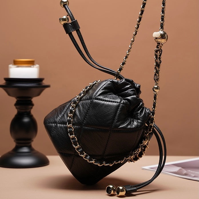 Women's Genuine Leather Bucket Bag with Chain Strap and Drawstring Closure