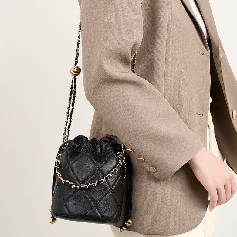Women's Genuine Leather Bucket Bag with Chain Strap and Drawstring Closure