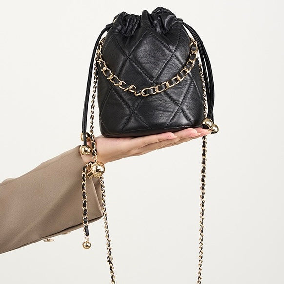 Women's Genuine Leather Bucket Bag with Chain Strap and Drawstring Closure