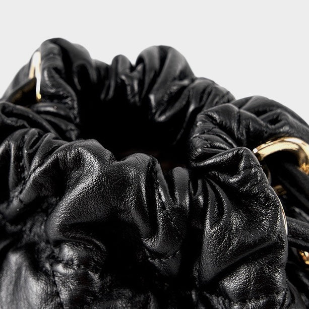 Women's Genuine Leather Bucket Bag with Chain Strap and Drawstring Closure