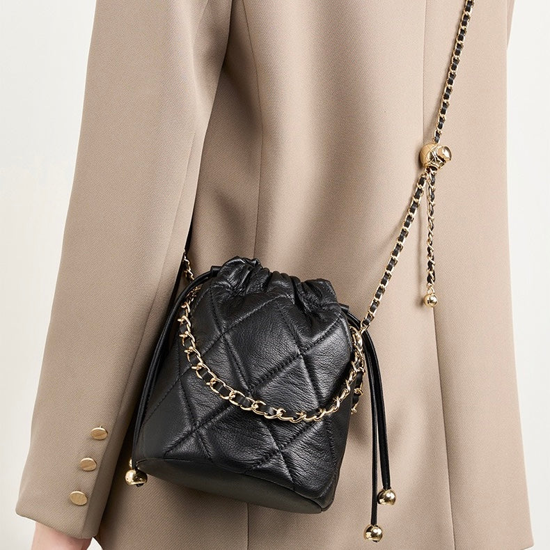 Women's Genuine Leather Bucket Bag with Chain Strap and Drawstring Closure