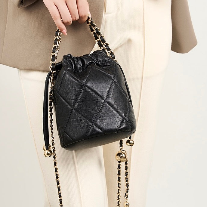Women's Genuine Leather Bucket Bag with Chain Strap and Drawstring Closure