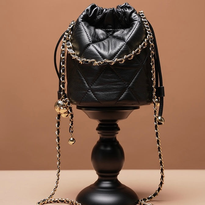 Women's Genuine Leather Bucket Bag with Chain Strap and Drawstring Closure