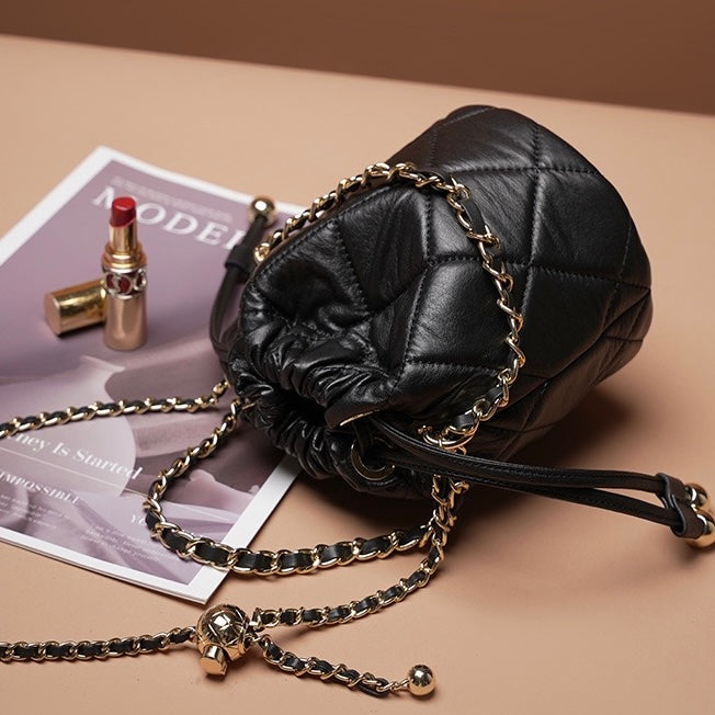 Women's Genuine Leather Bucket Bag with Chain Strap and Drawstring Closure