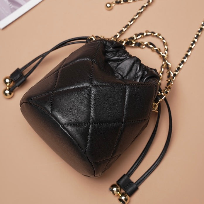 Women's Genuine Leather Bucket Bag with Chain Strap and Drawstring Closure
