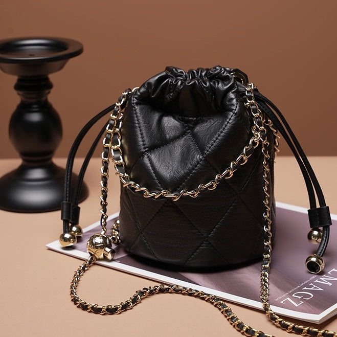 Women's Genuine Leather Bucket Bag with Chain Strap and Drawstring Closure