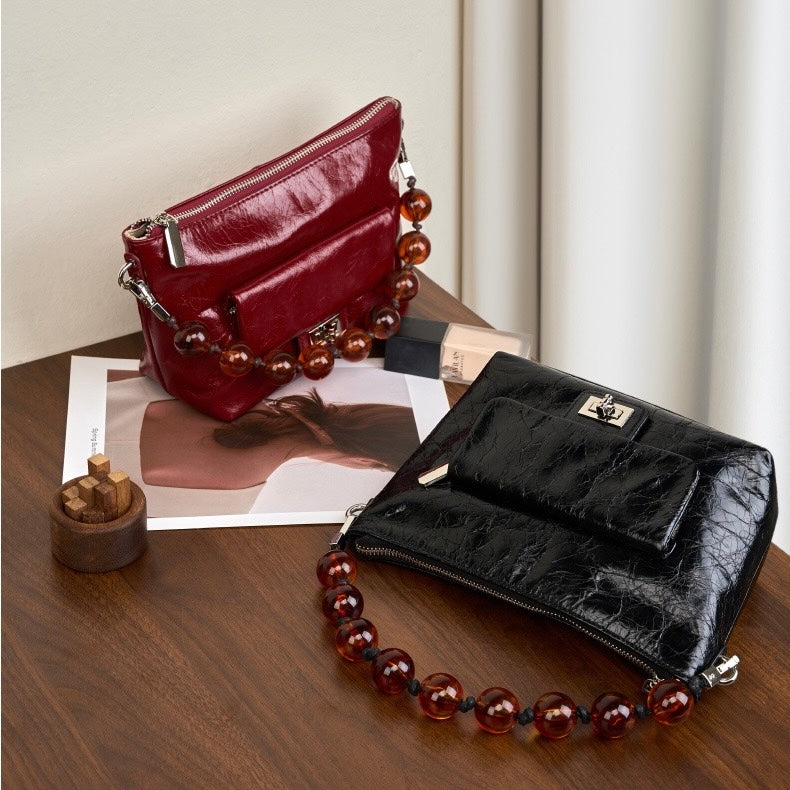 Women's Genuine Leather Pleated Chain Crossbody Bag with Shoulder Strap