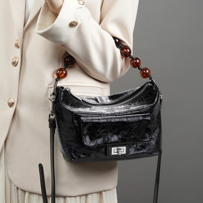 Women's Genuine Leather Pleated Chain Crossbody Bag with Shoulder Strap