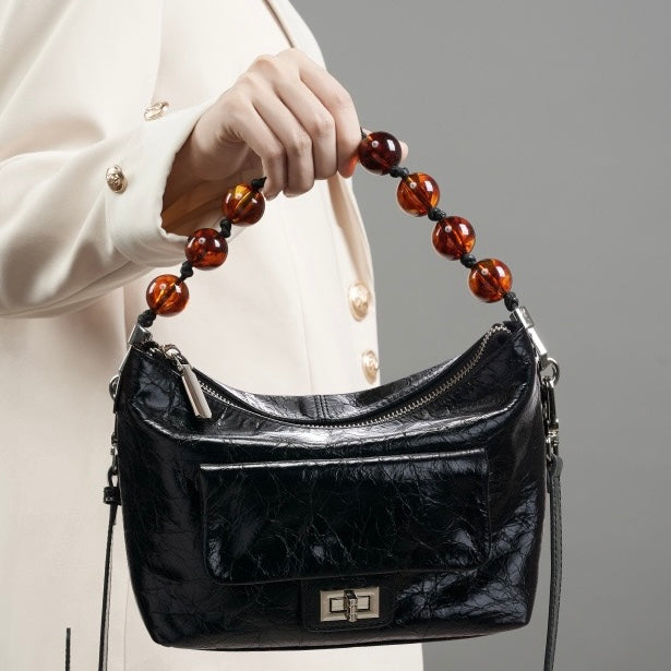 Women's Genuine Leather Pleated Chain Crossbody Bag with Shoulder Strap