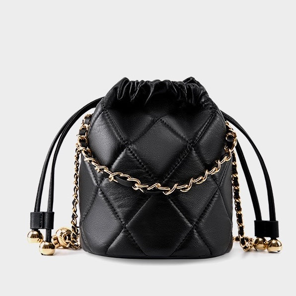 Women's Genuine Leather Bucket Bag with Chain Strap and Drawstring Closure