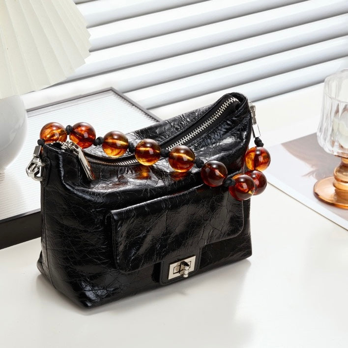 Women's Genuine Leather Pleated Chain Crossbody Bag with Shoulder Strap