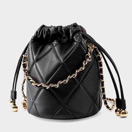 Women's Genuine Leather Bucket Bag with Chain Strap and Drawstring Closure