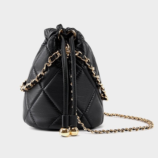 Women's Genuine Leather Bucket Bag with Chain Strap and Drawstring Closure