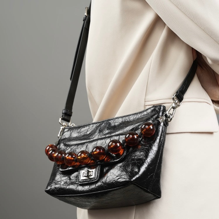 Women's Genuine Leather Pleated Chain Crossbody Bag with Shoulder Strap