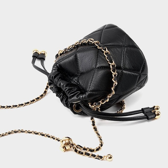 Women's Genuine Leather Bucket Bag with Chain Strap and Drawstring Closure
