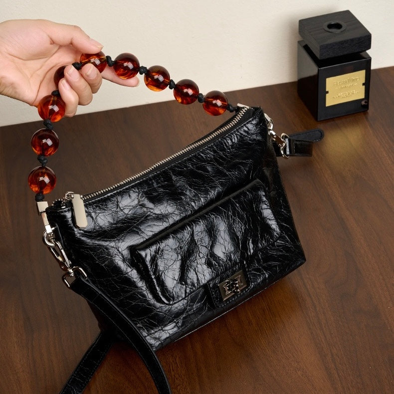 Women's Genuine Leather Pleated Chain Crossbody Bag with Shoulder Strap