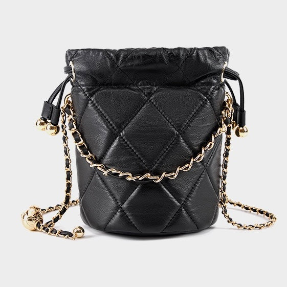 Women's Genuine Leather Bucket Bag with Chain Strap and Drawstring Closure