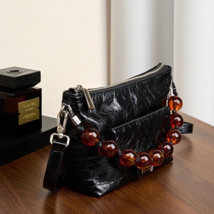 Women's Genuine Leather Pleated Chain Crossbody Bag with Shoulder Strap